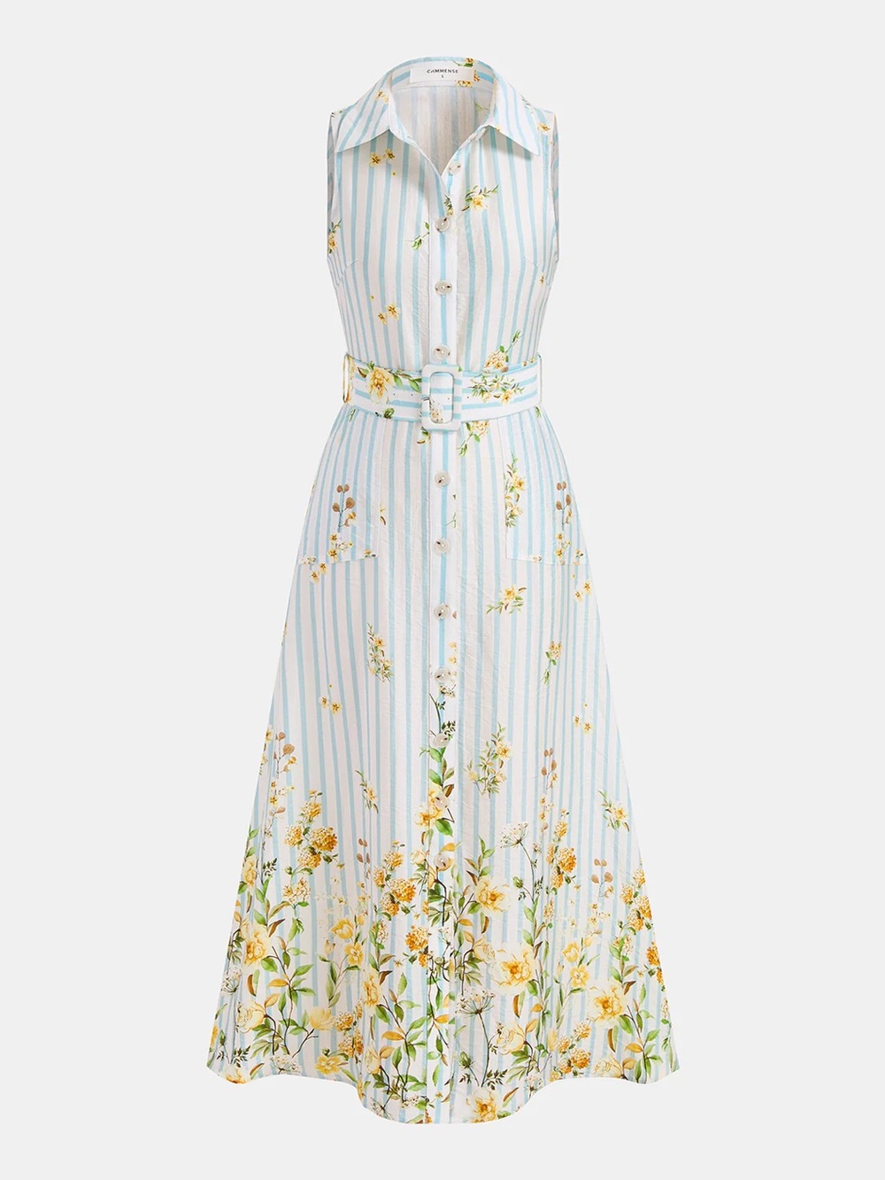 Floral Striped Sleeveless Belted Midi Dress - Picture 2 of 6